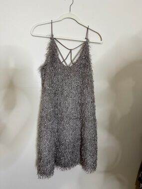 She + Sky Silver-Gray Fringe Mini Slip Dress